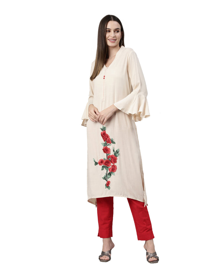 Neerus Beige floral printed straight kurti - detail view 3