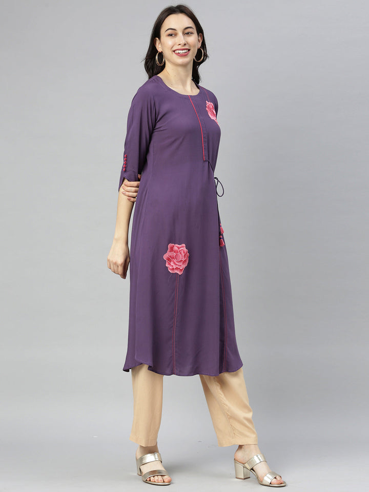 Neerus Purple rayon printed A-line kurti - detail view 3