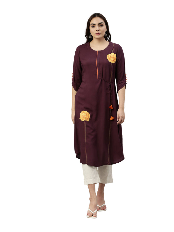 Neerus Maroon rayon printed kurti - front view