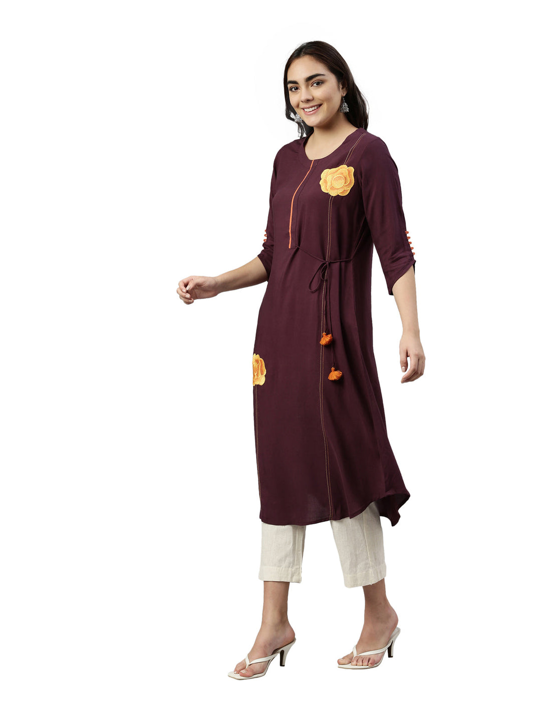 Neerus Maroon rayon printed kurti - back view