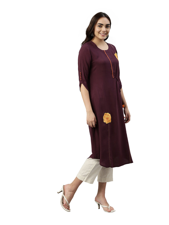 Neerus Maroon rayon printed kurti - side view
