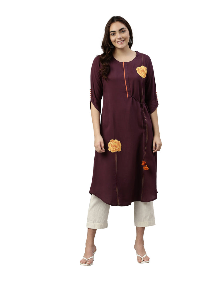Neerus Maroon rayon printed kurti - detail view 2