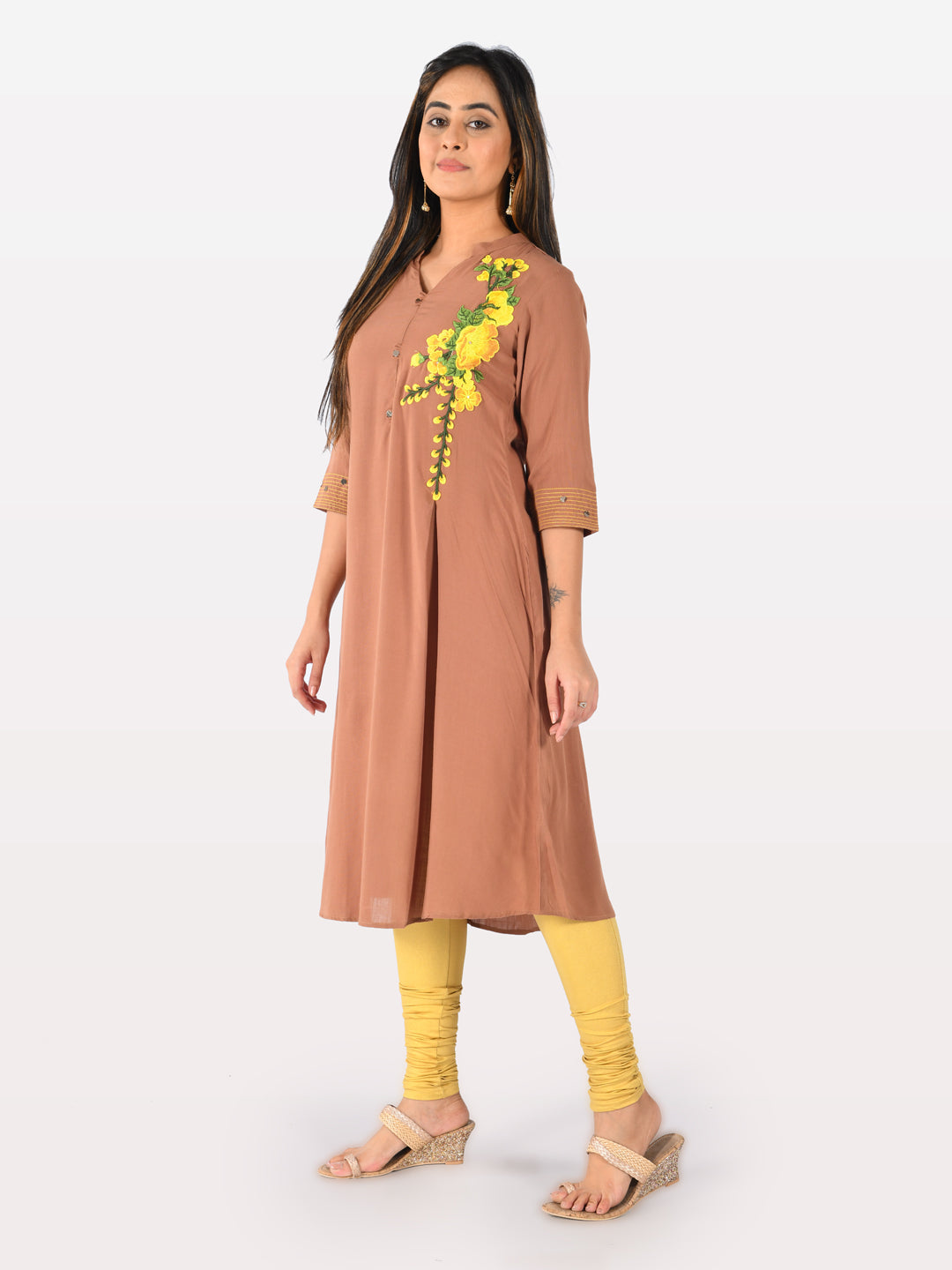 Neerus Beige rayon embroidered straight kurta - detail view 2