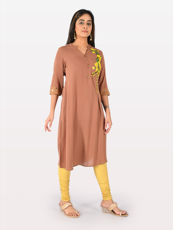 Neerus Beige rayon embroidered straight kurta - front view