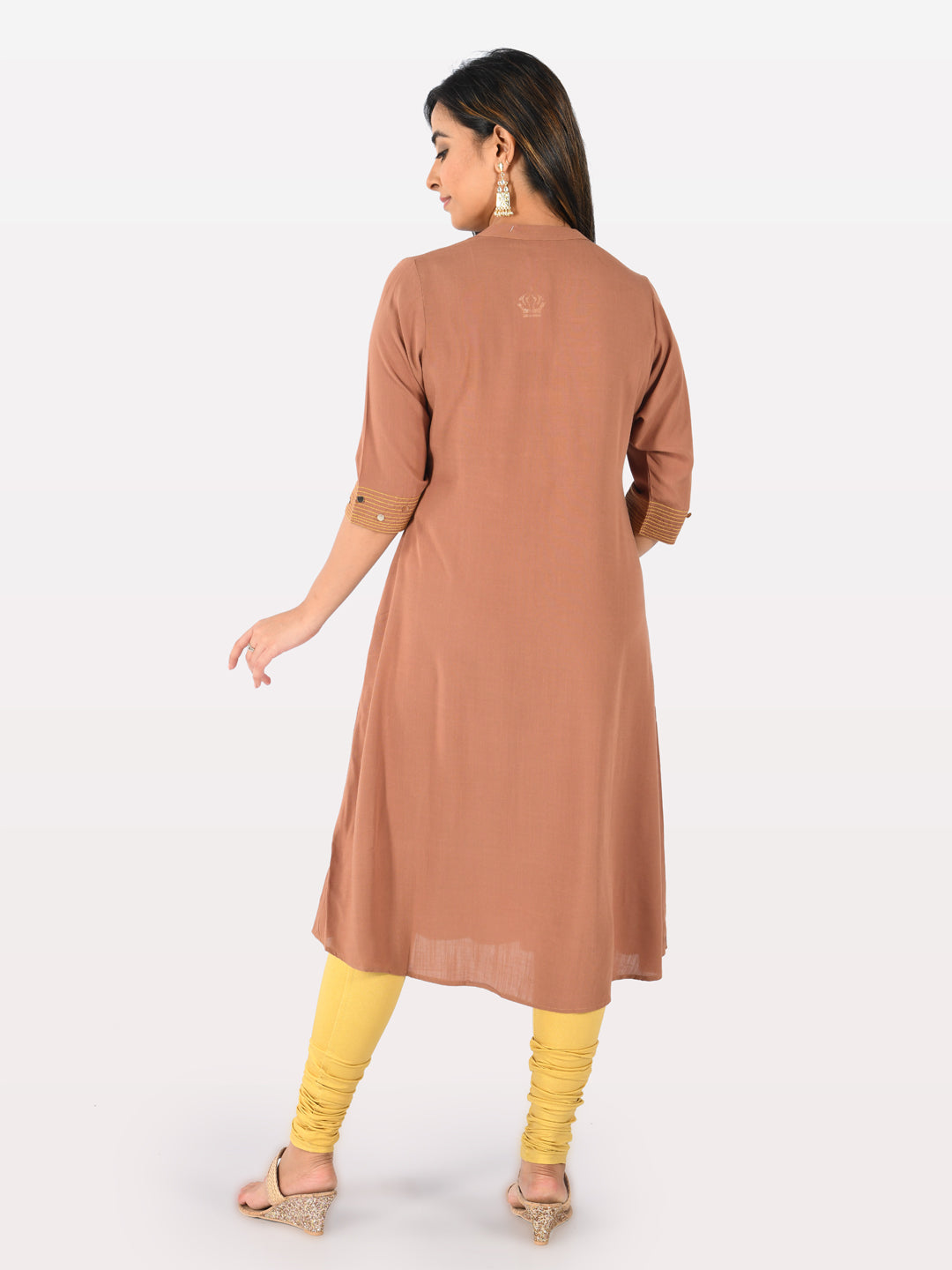 Neerus Beige rayon embroidered straight kurta - back view