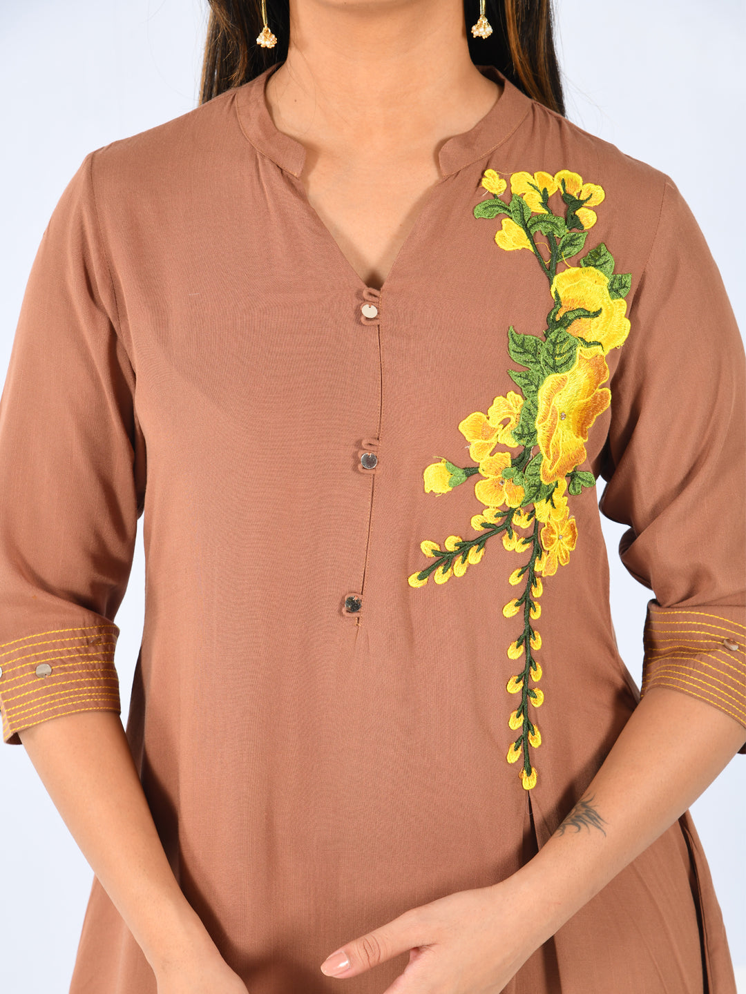 Neerus Beige rayon embroidered straight kurta - side view