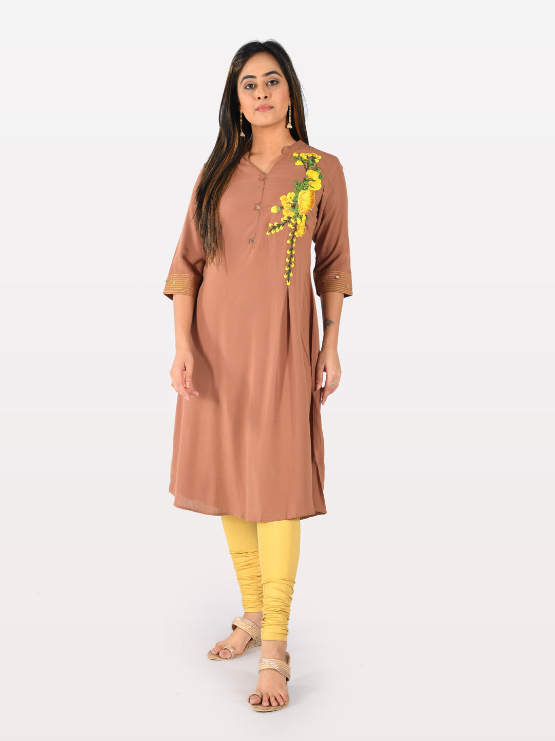 Neerus Beige rayon embroidered straight kurta - detail view 1