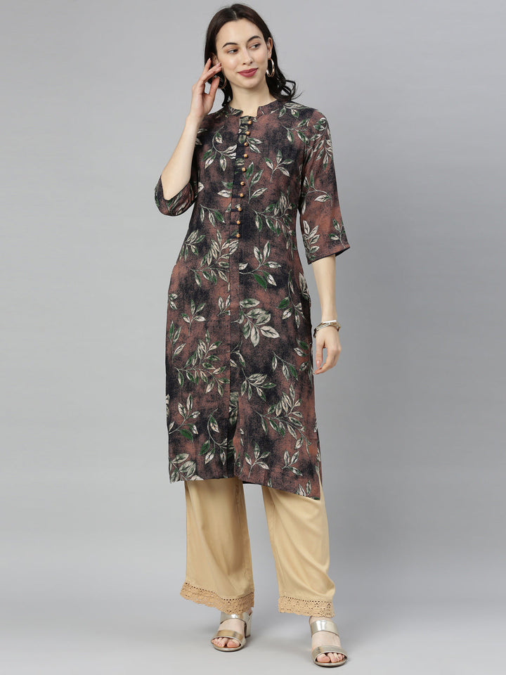 Neerus Brown printed straight kurta - front view
