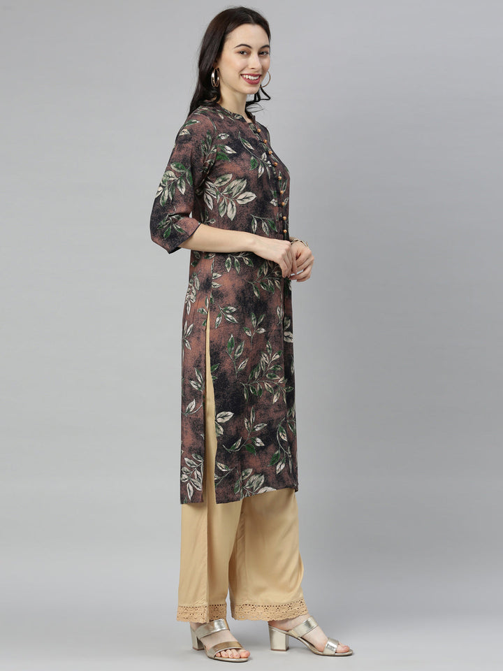 Neerus Brown printed straight kurta - detail view 3