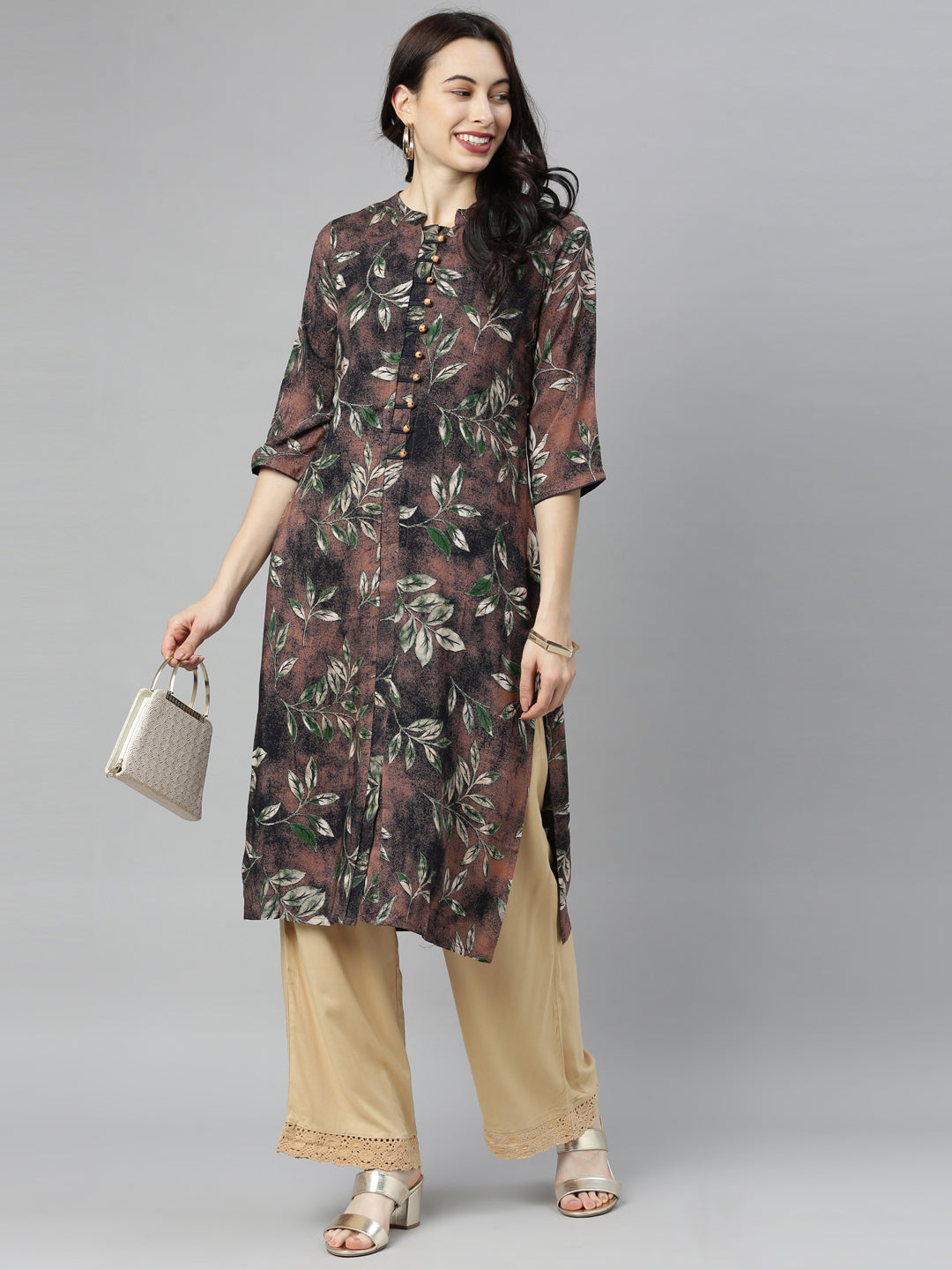 Neerus Brown printed straight kurta - detail view 5