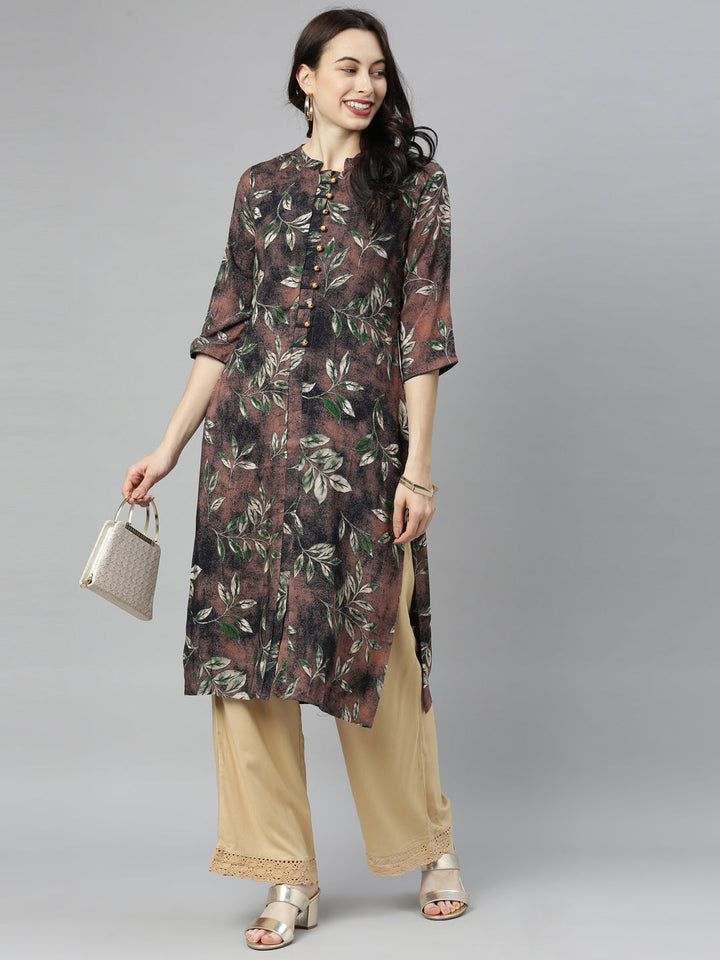Neerus Brown printed straight kurta - detail view 5