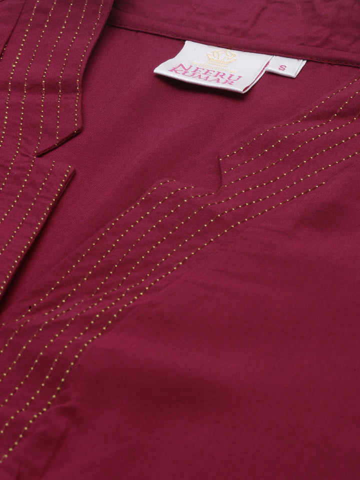 Neerus Maroon embroidered straight kurta - side view