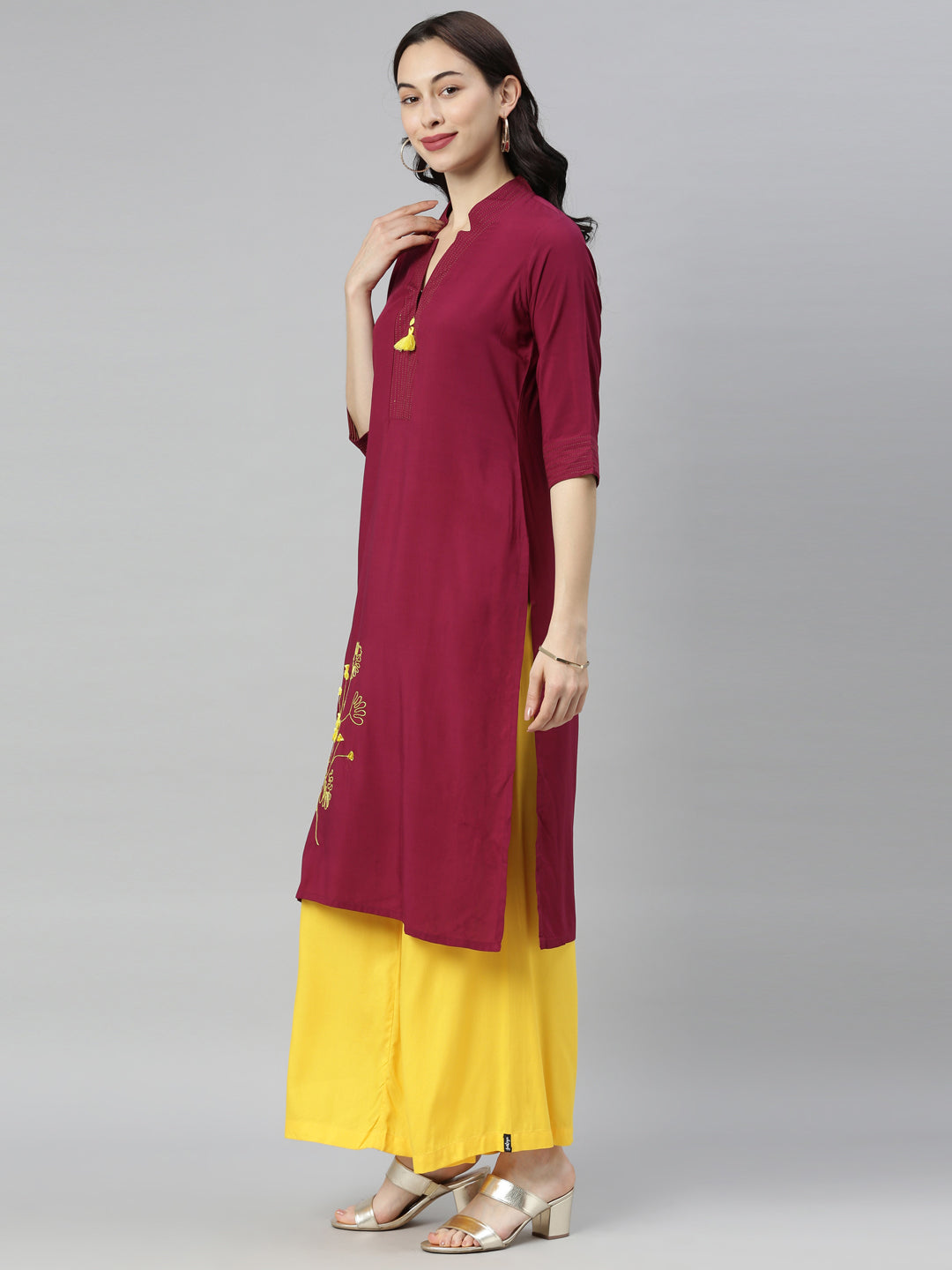 Neerus Maroon embroidered straight kurta - detail view 2
