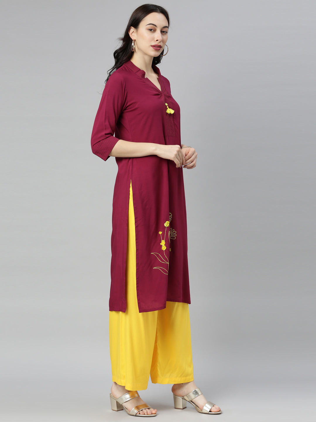 Neerus Maroon embroidered straight kurta - detail view 3