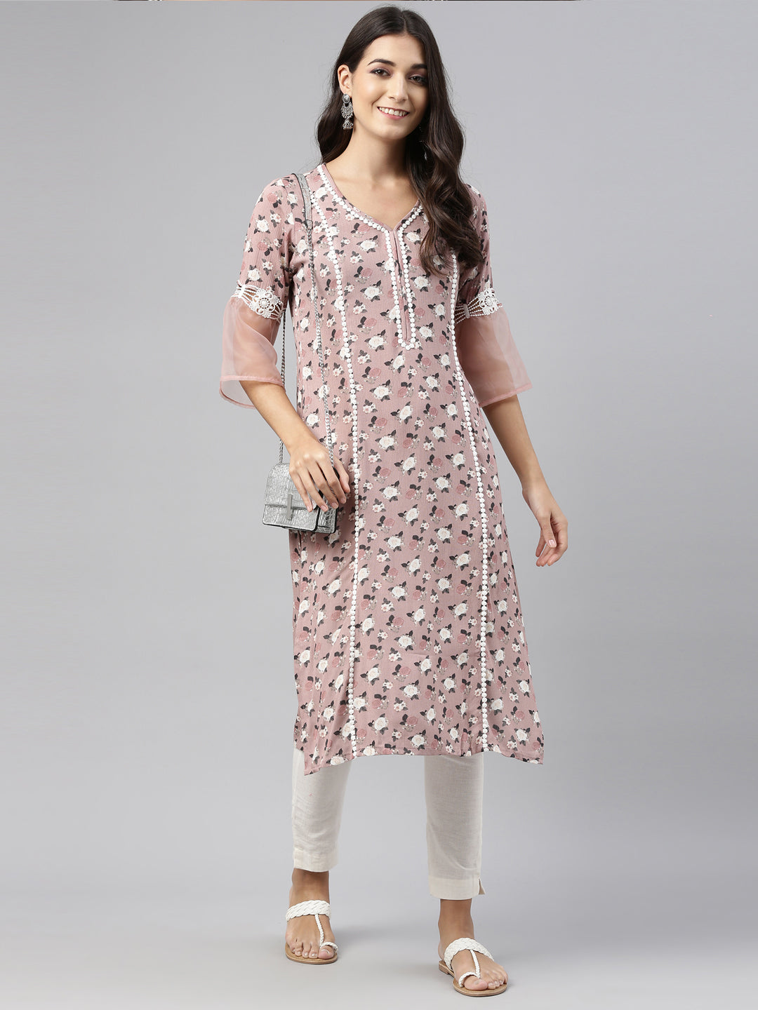 Neerus Pink rayon solid kurti - front view