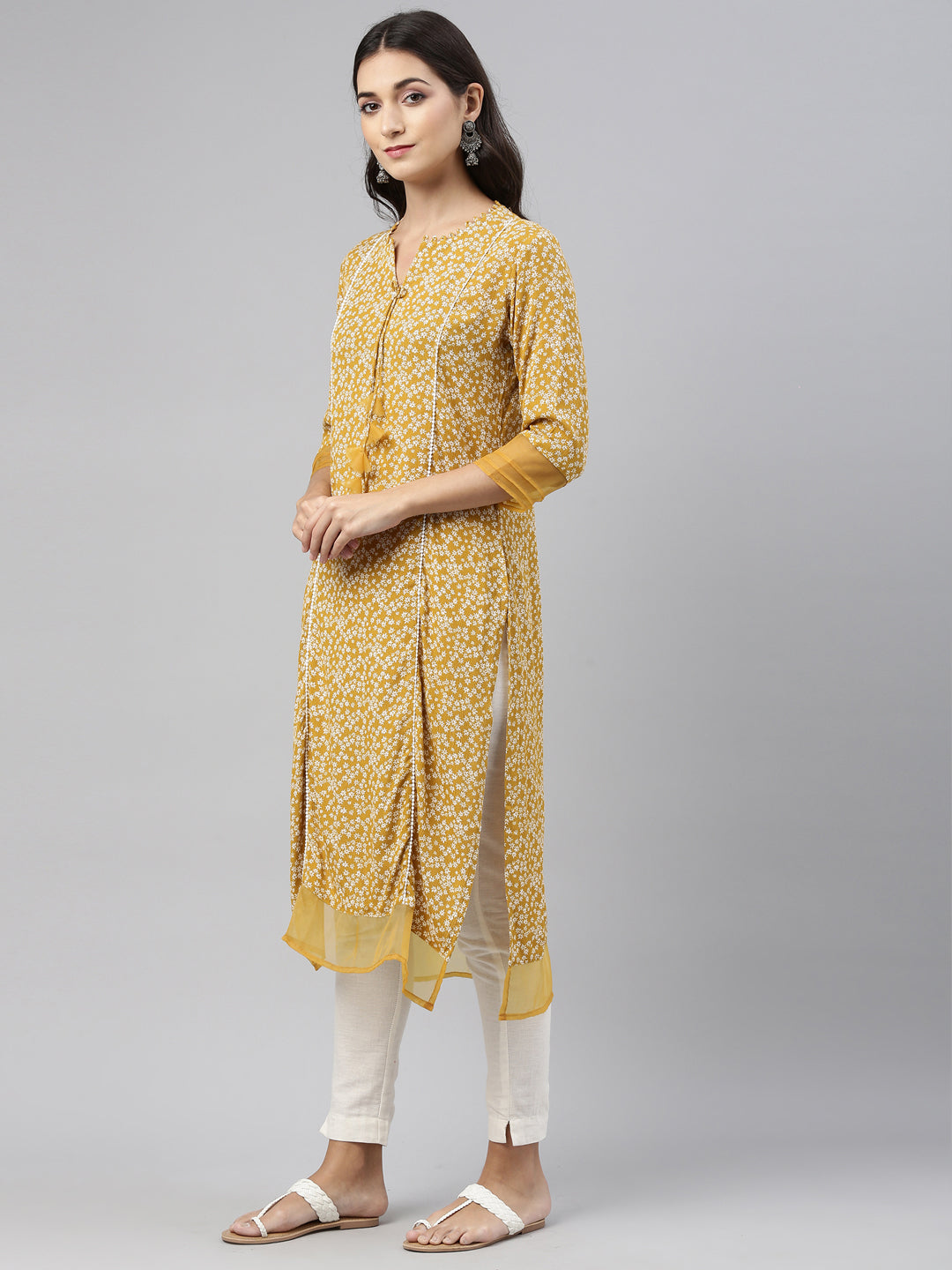 Neerus Yellow chiffon solid kurti - detail view 2