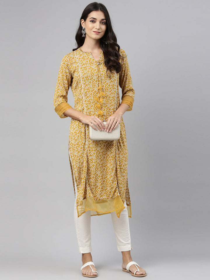 Neerus Yellow chiffon solid kurti - front view