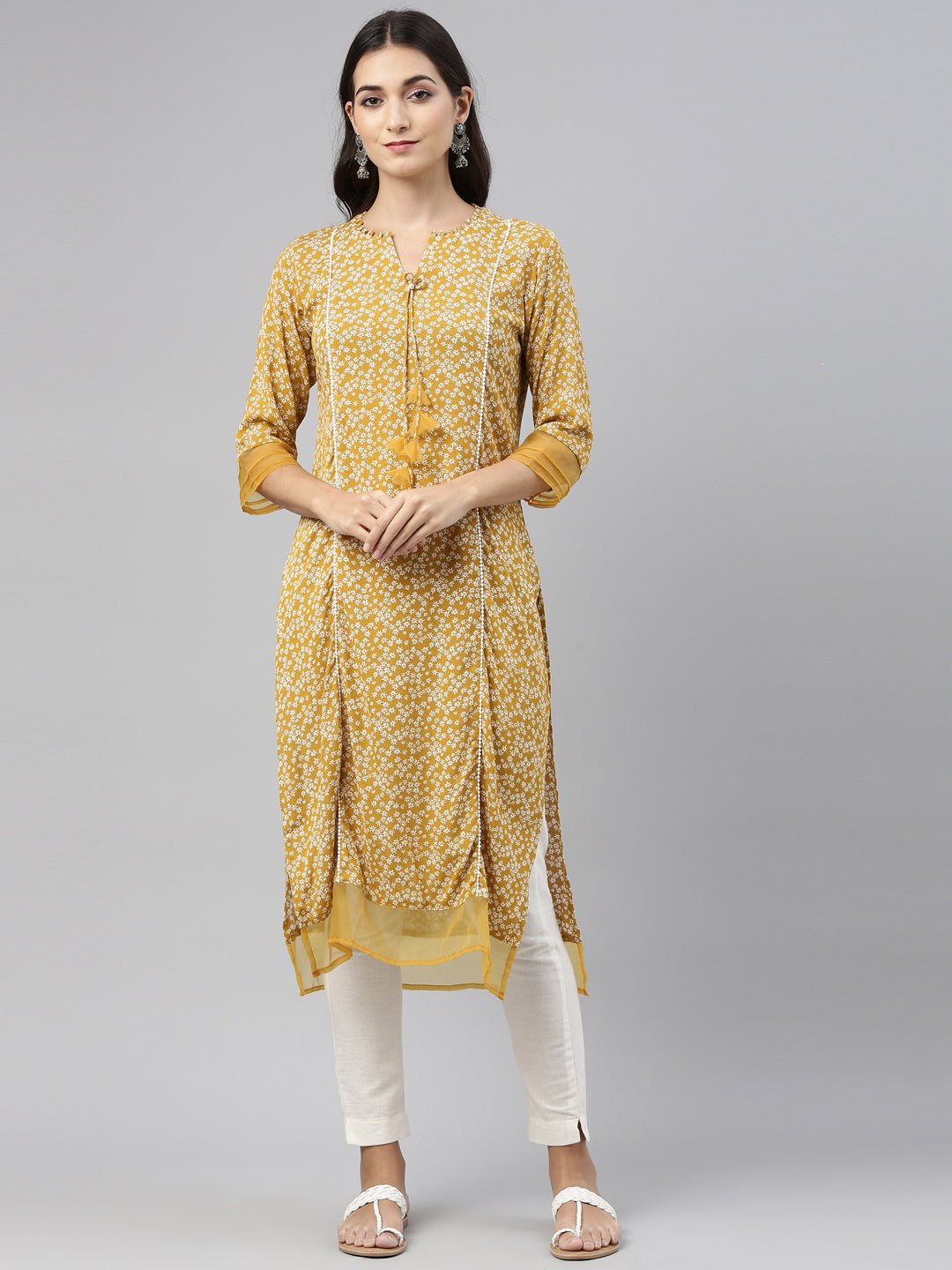 Neerus Yellow chiffon solid kurti - detail view 6