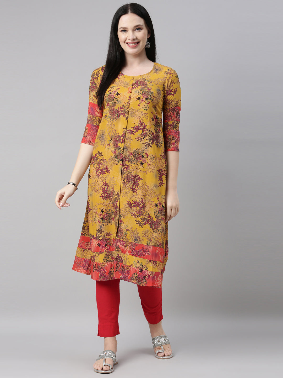 Neerus Yellow rayon solid kurta - front view