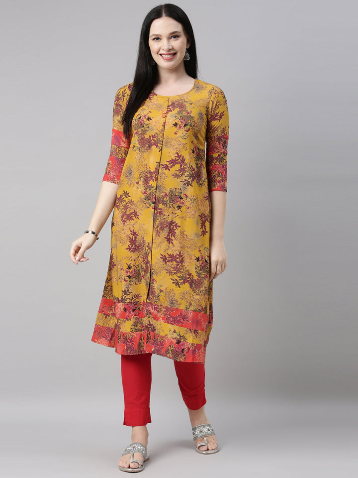 Neerus Yellow rayon solid kurta - front view