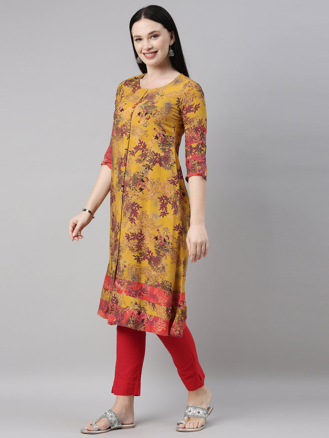 Neerus Yellow rayon solid kurta - side view
