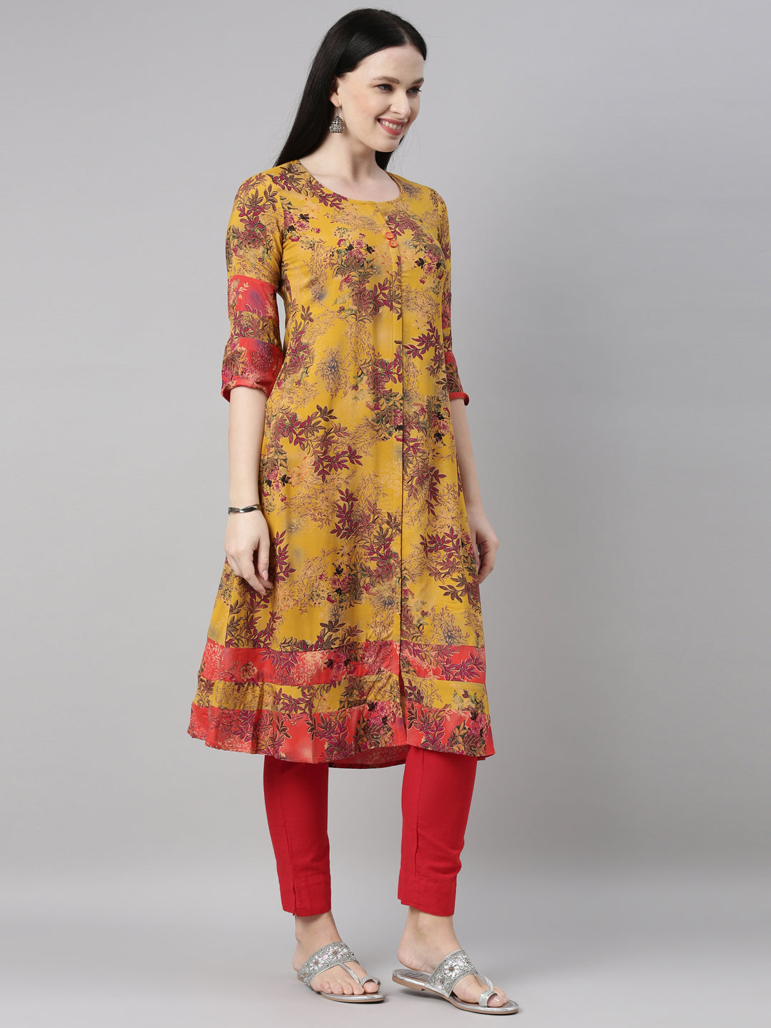 Neerus Yellow rayon solid kurta - detail view 1