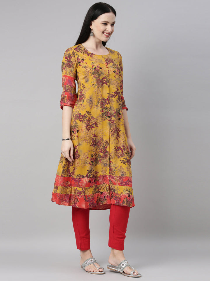 Neerus Yellow rayon solid kurta - detail view 1