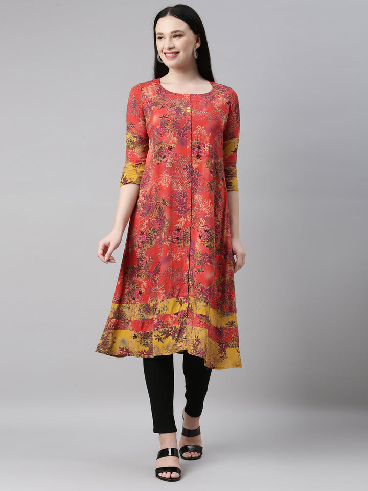 Neerus Red rayon printed kurti - detail view 6