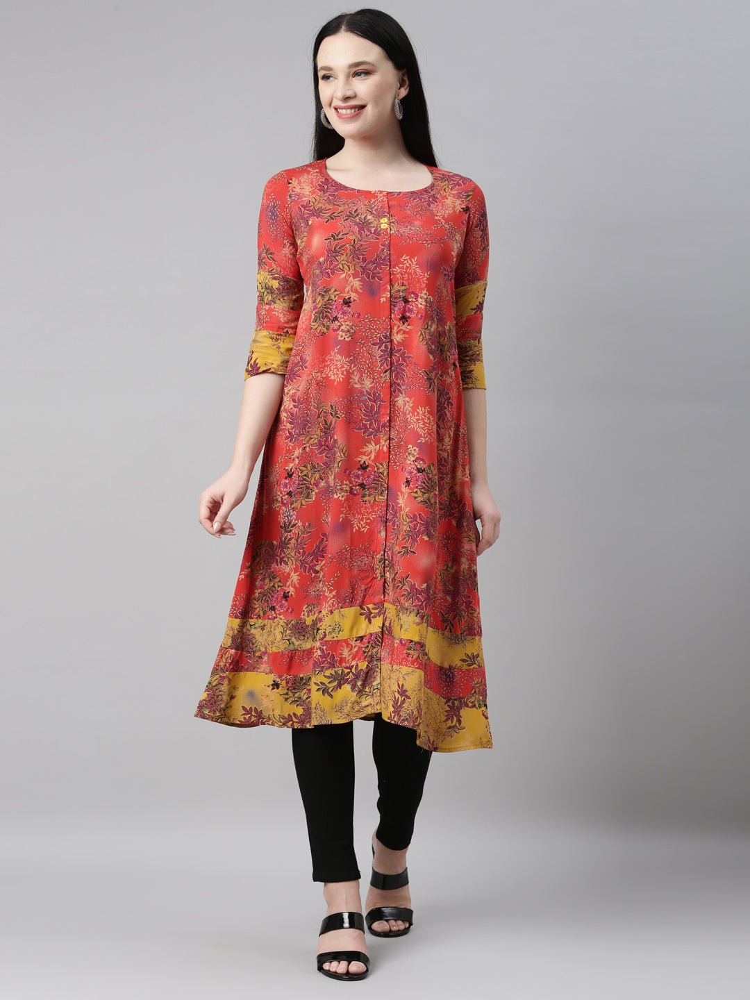 Neerus Red rayon printed kurti - front view