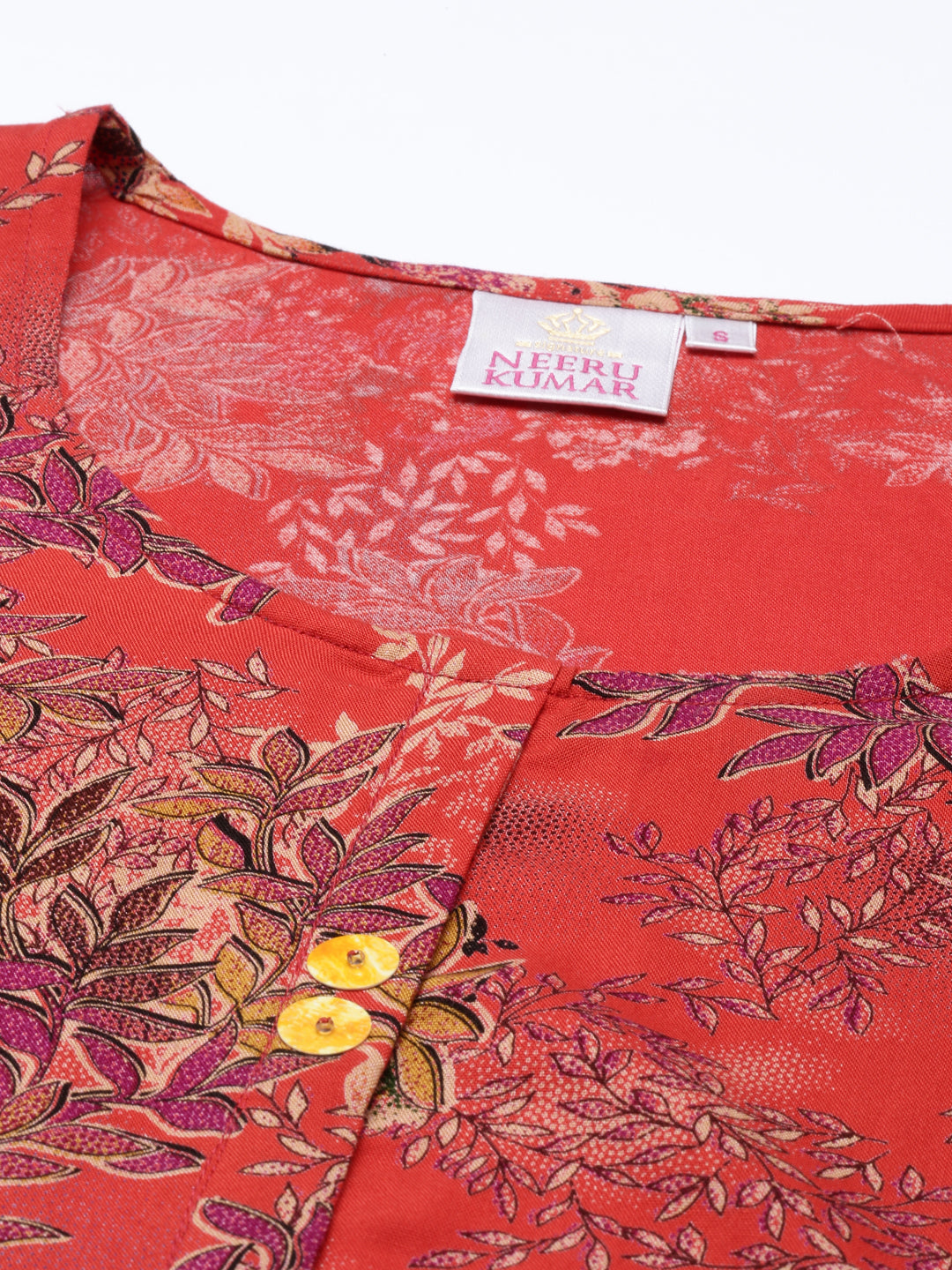 Neerus Red rayon printed kurti - back view