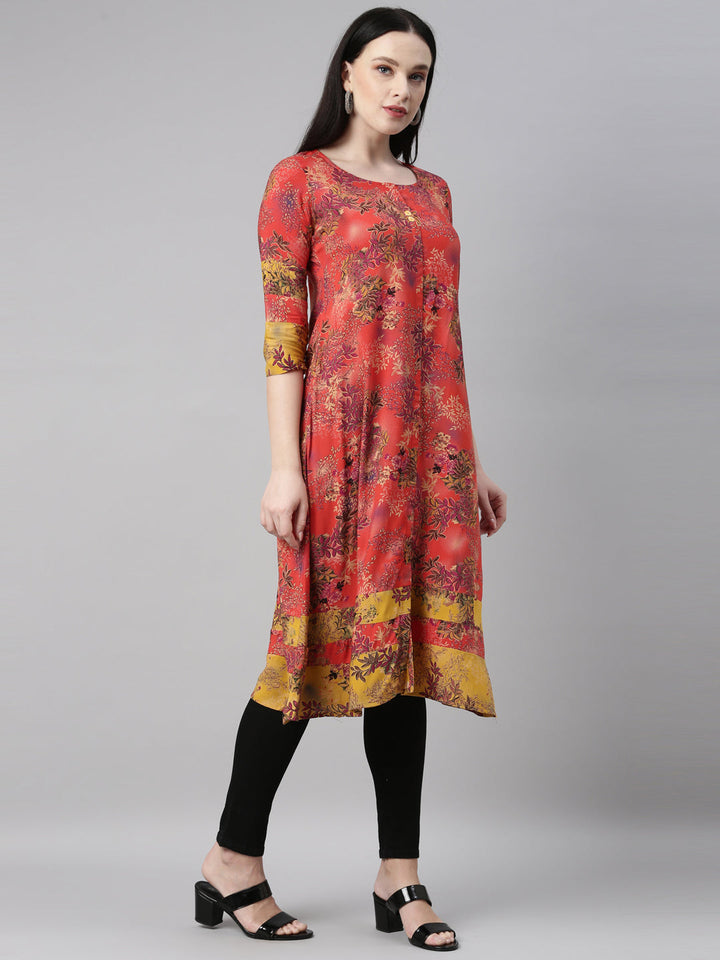 Neerus Red rayon printed kurti - detail view 9