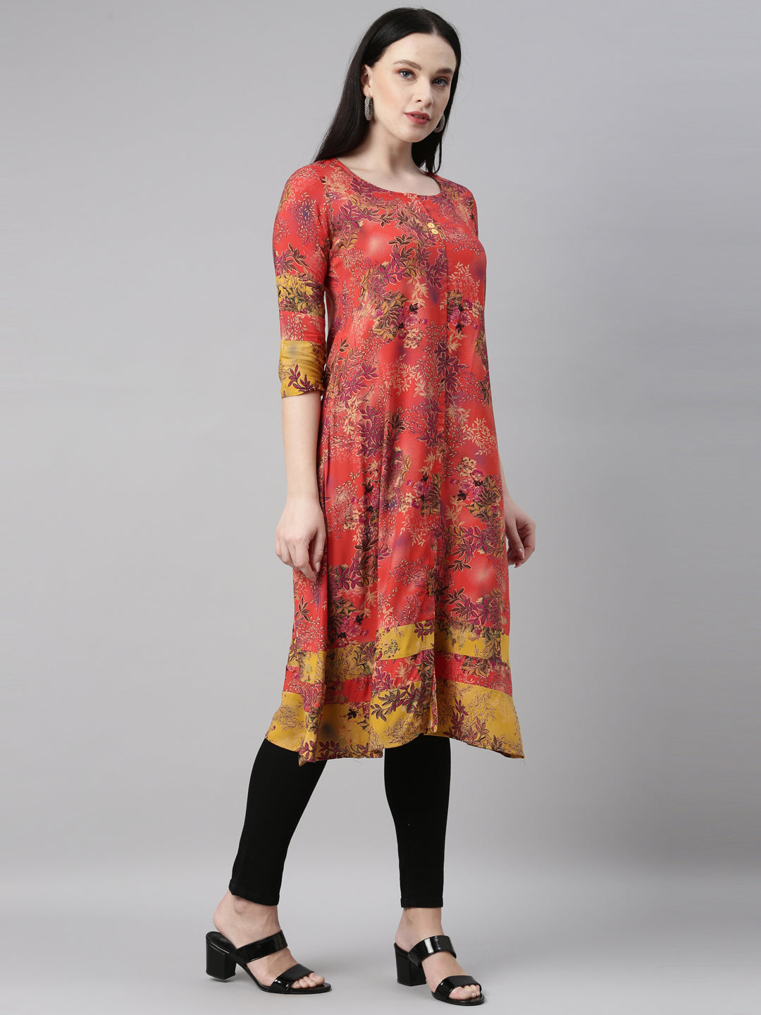 Neerus Red rayon printed kurti - detail view 1
