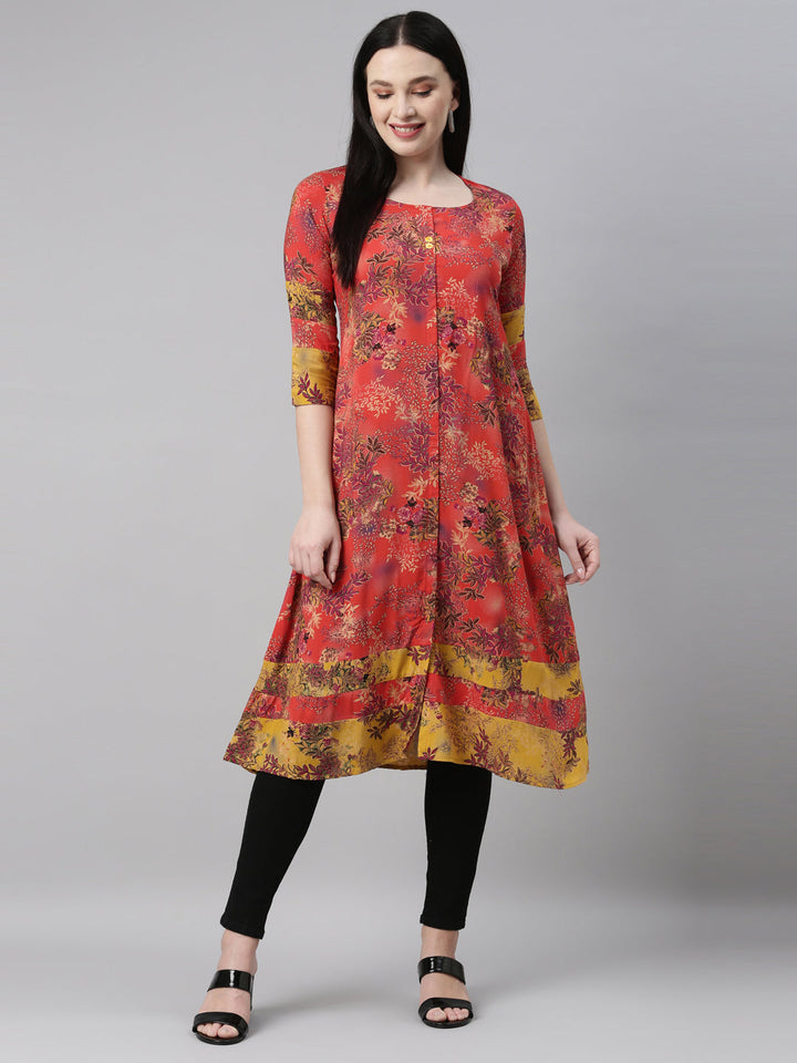 Neerus Red rayon printed kurti - detail view 11