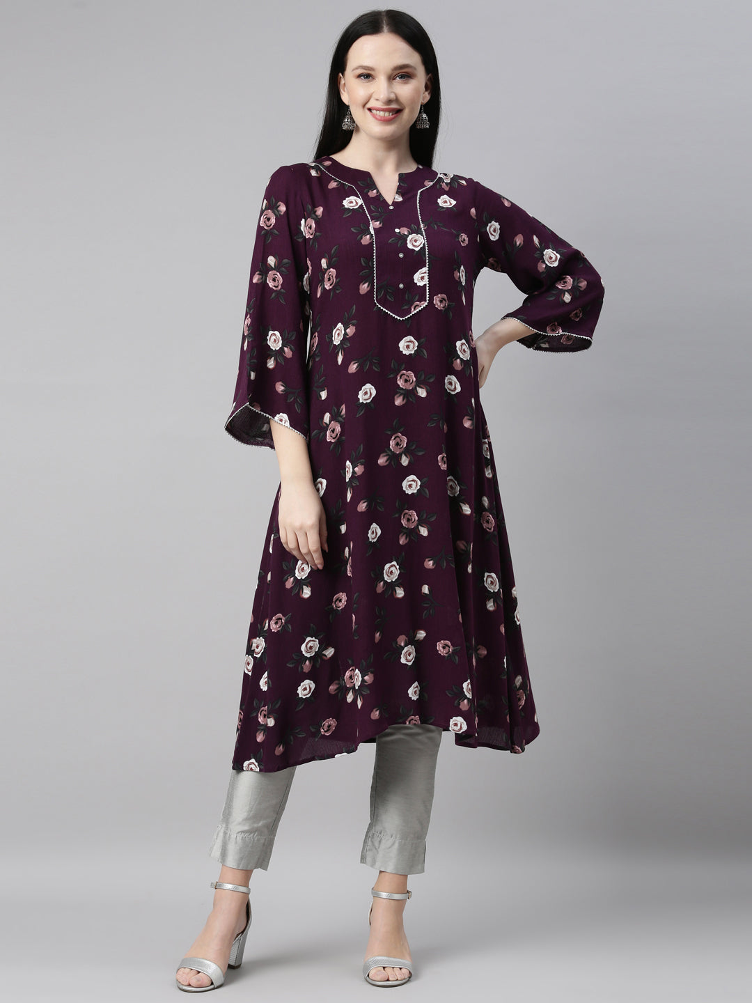 Neerus Purple chiffon printed kurti - front view