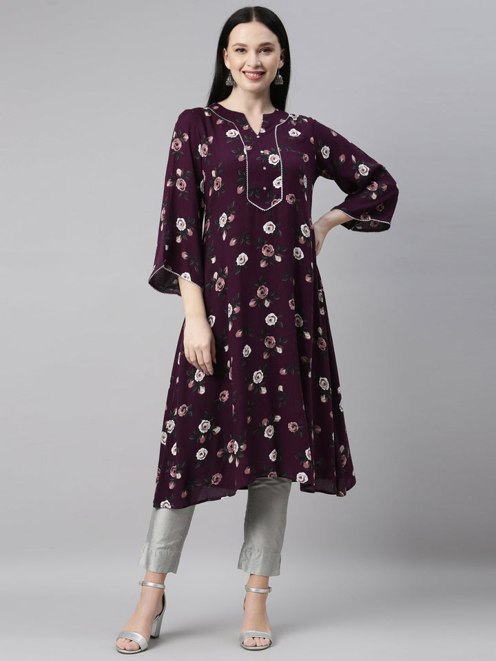 Neerus Purple chiffon printed kurti - front view