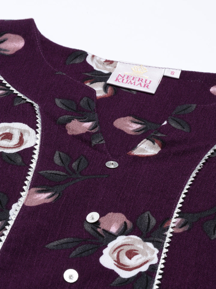 Neerus Purple chiffon printed kurti - detail view 5