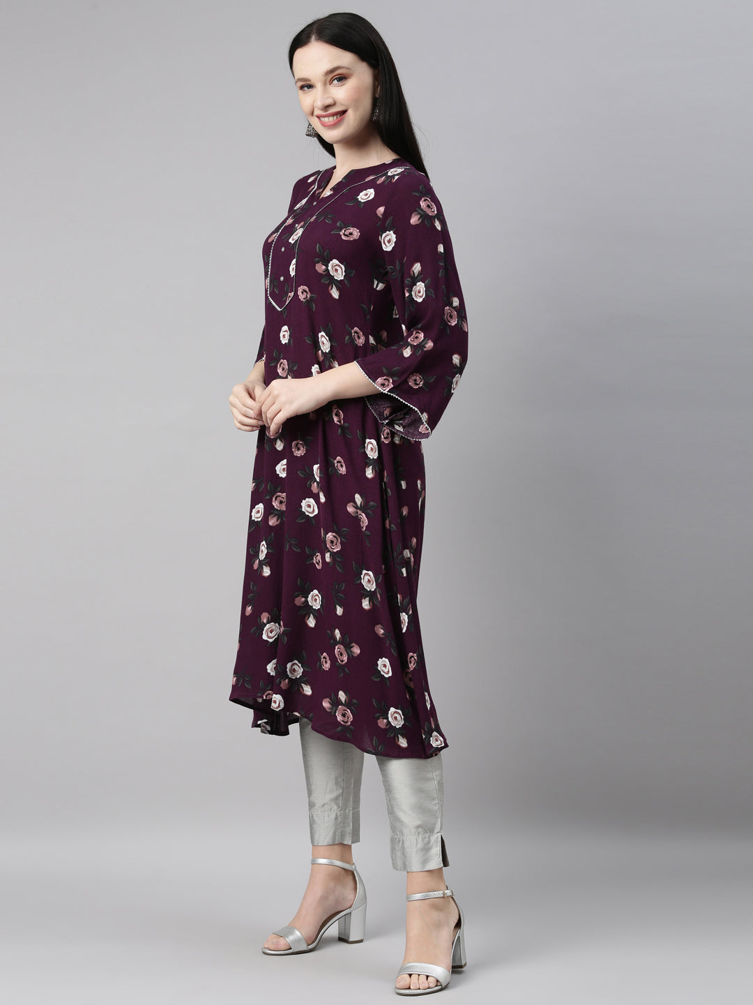 Neerus Purple chiffon printed kurti - back view