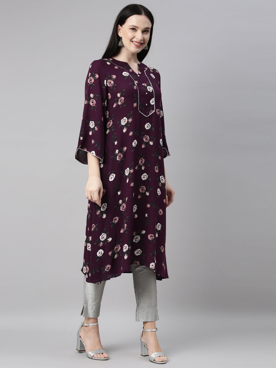 Neerus Purple chiffon printed kurti - side view
