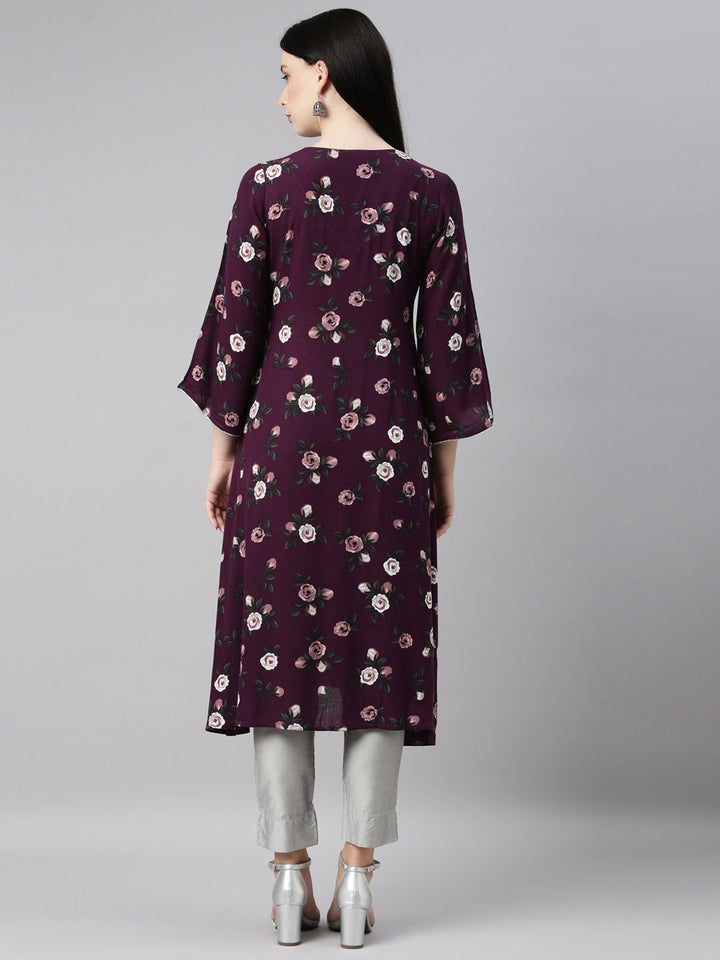 Neerus Purple chiffon printed kurti - detail view 1