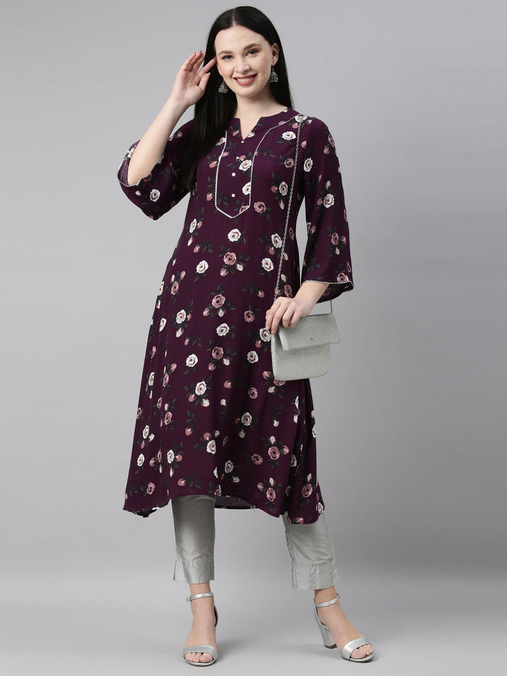Neerus Purple chiffon printed kurti - detail view 2