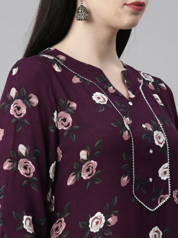 Neerus Purple chiffon printed kurti - detail view 4