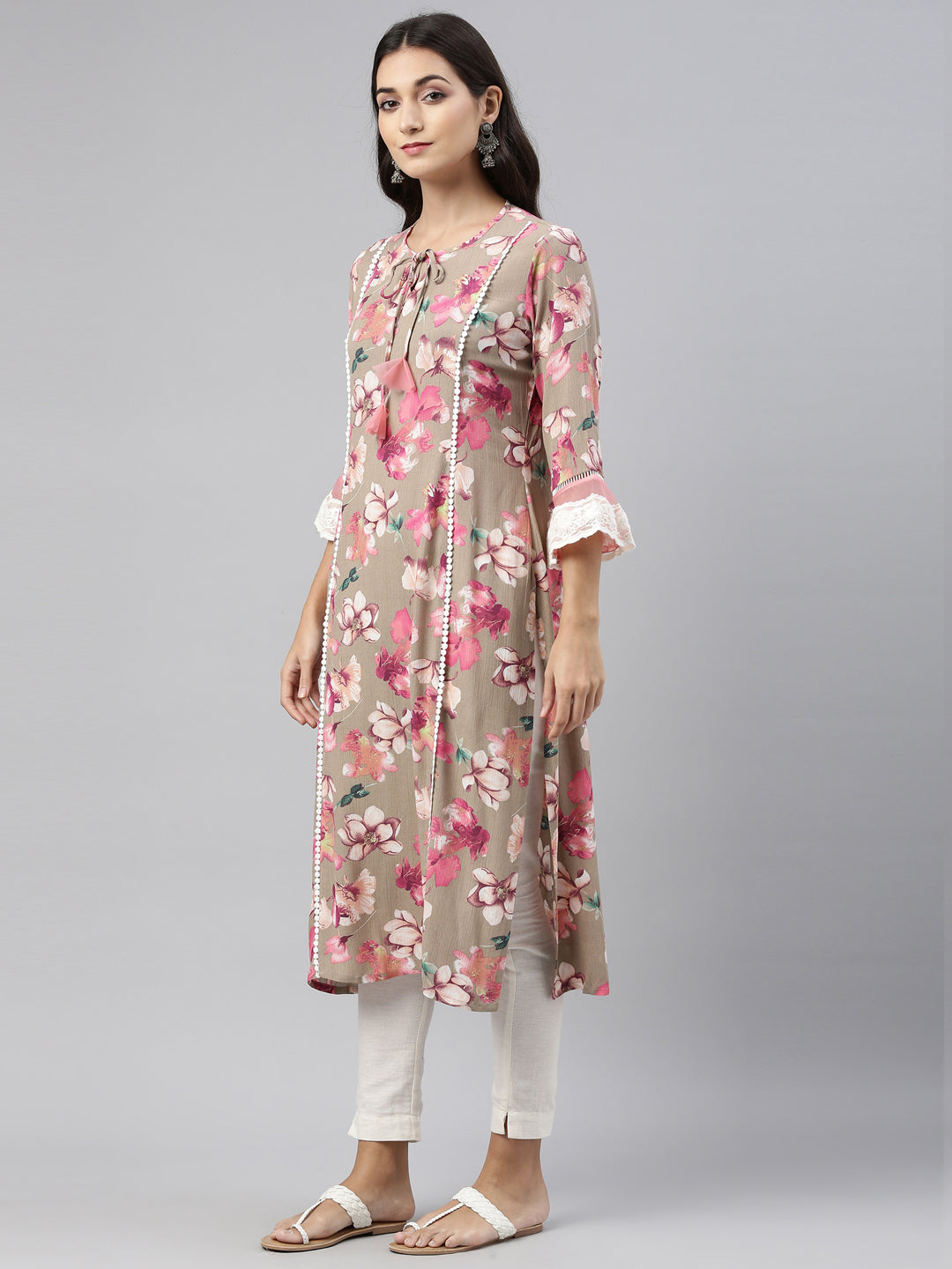 Neerus Beige rayon solid kurti tunic - detail view 2