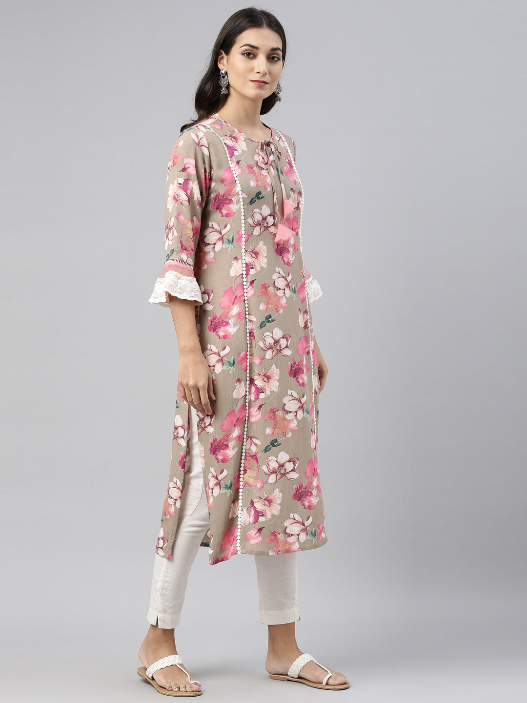 Neerus Beige rayon solid kurti tunic - detail view 3