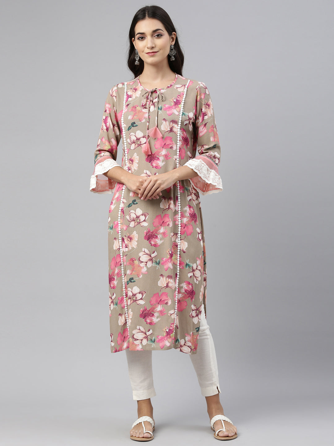 Neerus Beige rayon solid kurti tunic - front view