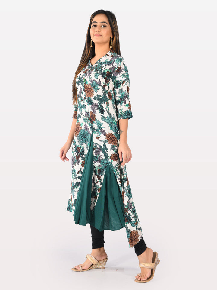 Neerus Green rayon printed kurti tunic - detail view 2