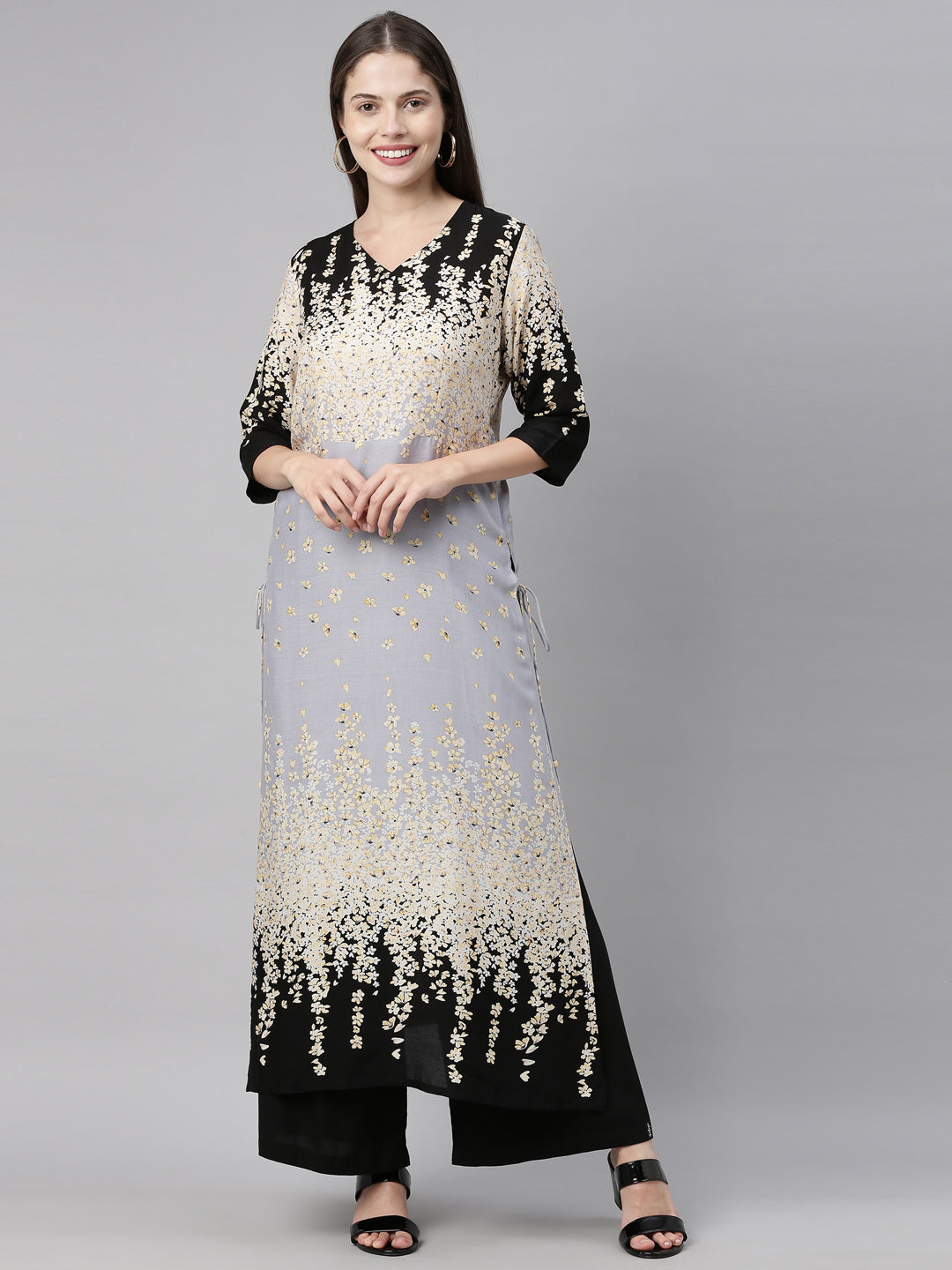 Neerus Grey rayon solid kurti tunic - front view