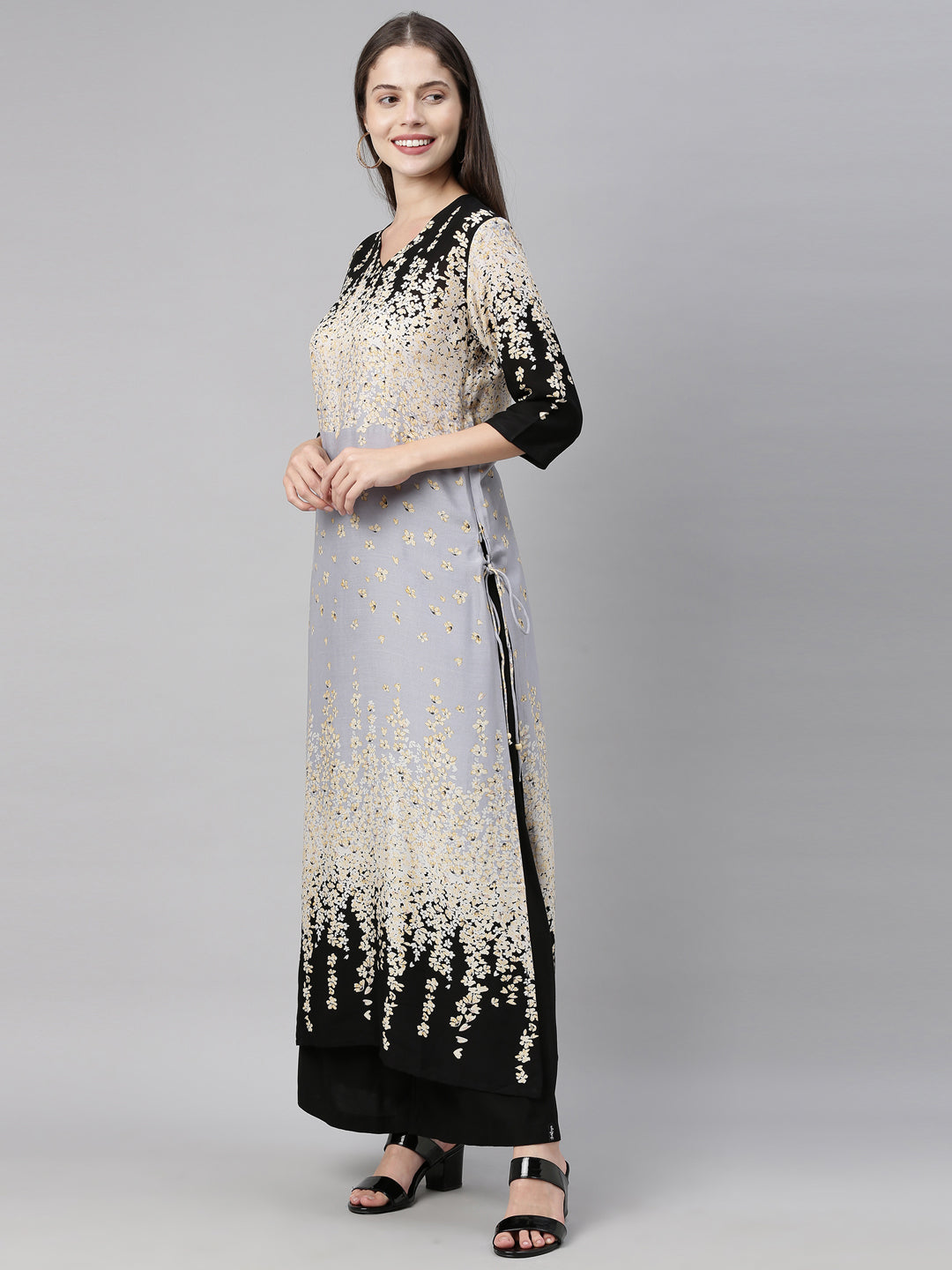 Neerus Grey rayon solid kurti tunic - detail view 1