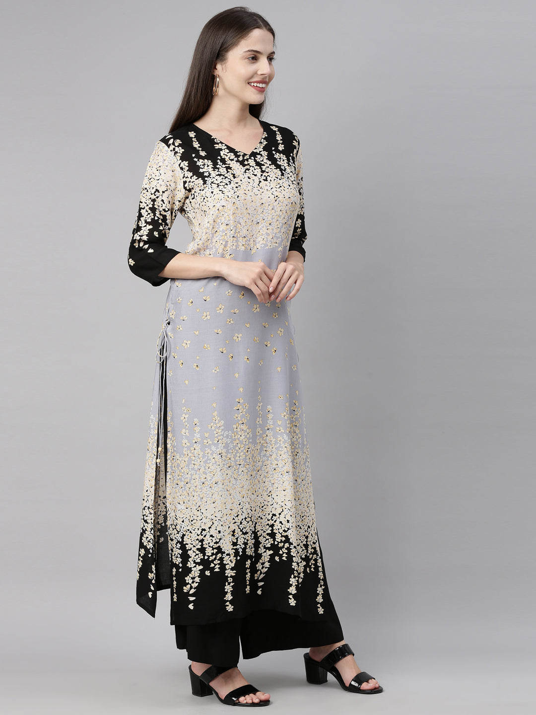 Neerus Grey rayon solid kurti tunic - detail view 2