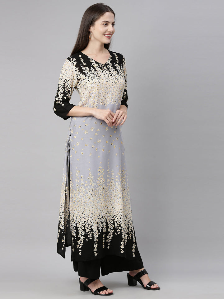 Neerus Grey rayon solid kurti tunic - detail view 2