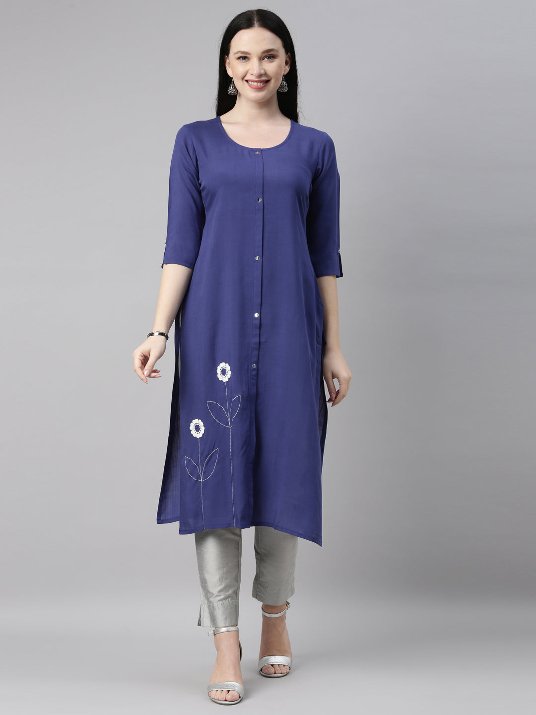 Neerus Blue cotton embroidered kurti - front view